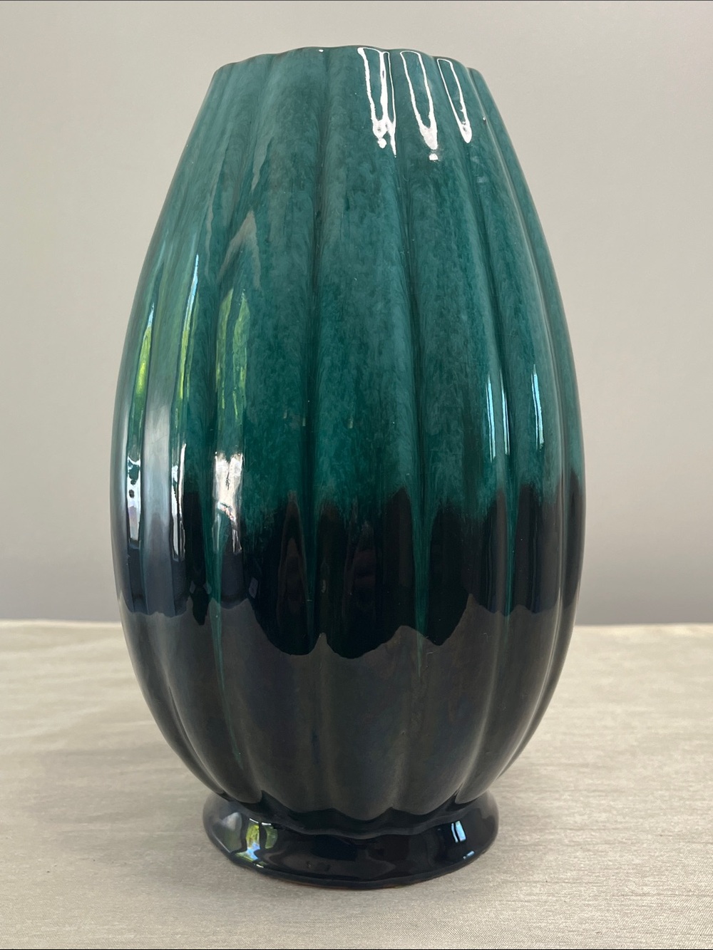 Vintage Evangeline Canada Pottery Teal Drip Glaze Ribbed Melon Vase MCM